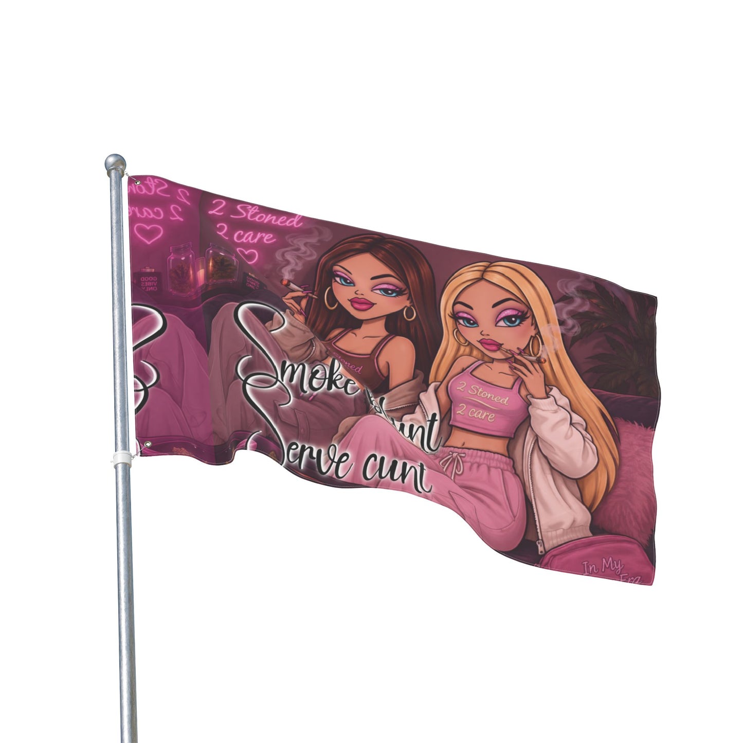 Double-Sided Flag - 'Smoke blunt Serve cunt' Pink Stoner Girl Decorative Garden Banner