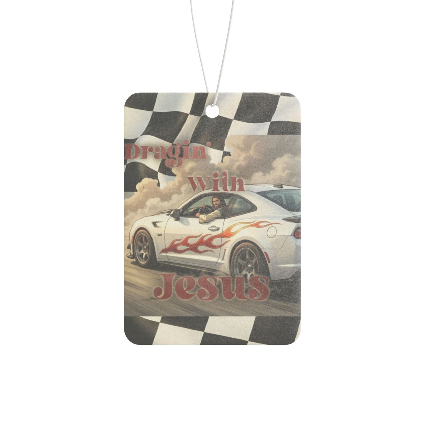 Car Air Freshener — Racing Car with Flames & 'Dragin with Jesus' Inspirational Design