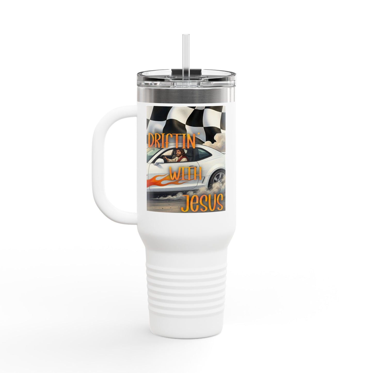 40oz Insulated Travel Mug — Vintage Race Car on Checkered Flag