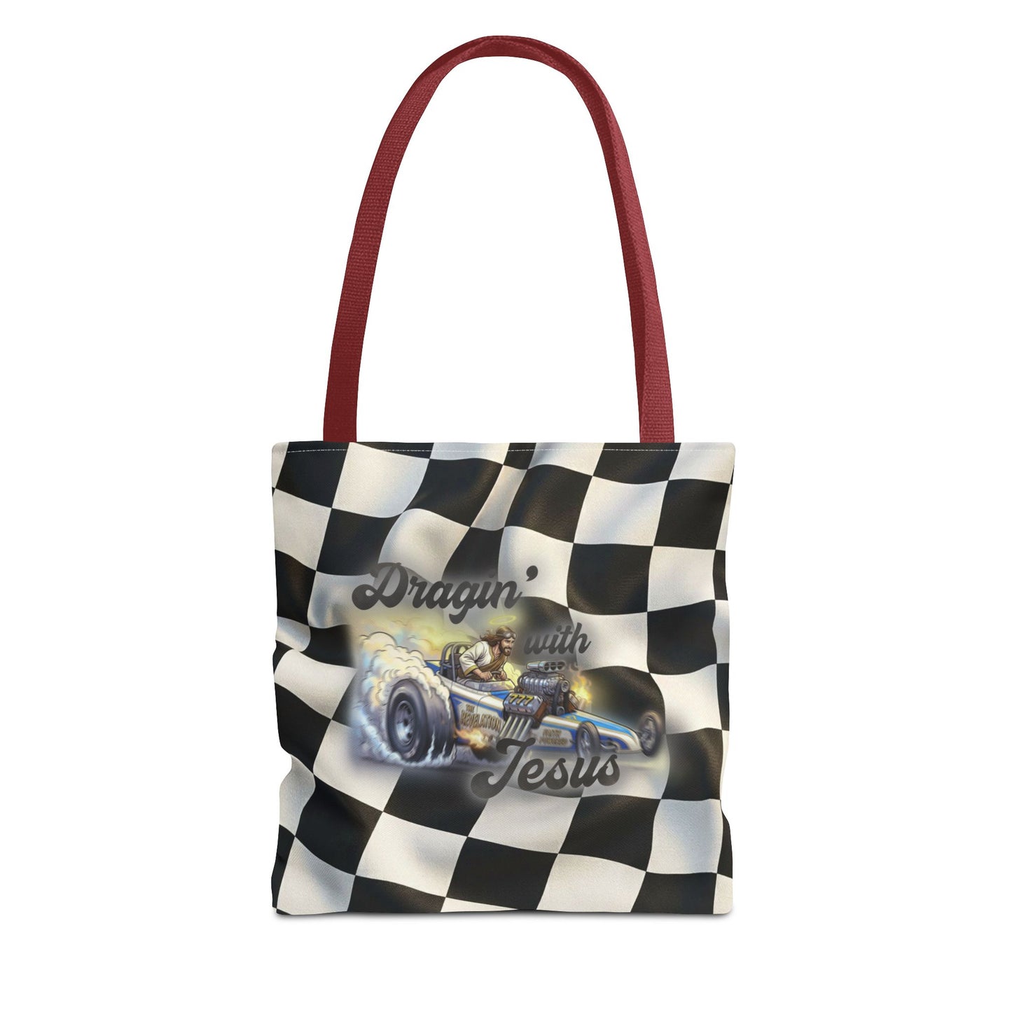Dragin' Jesus Racing Tote Bag — Checkered Flag Vintage Hot Rod Tote