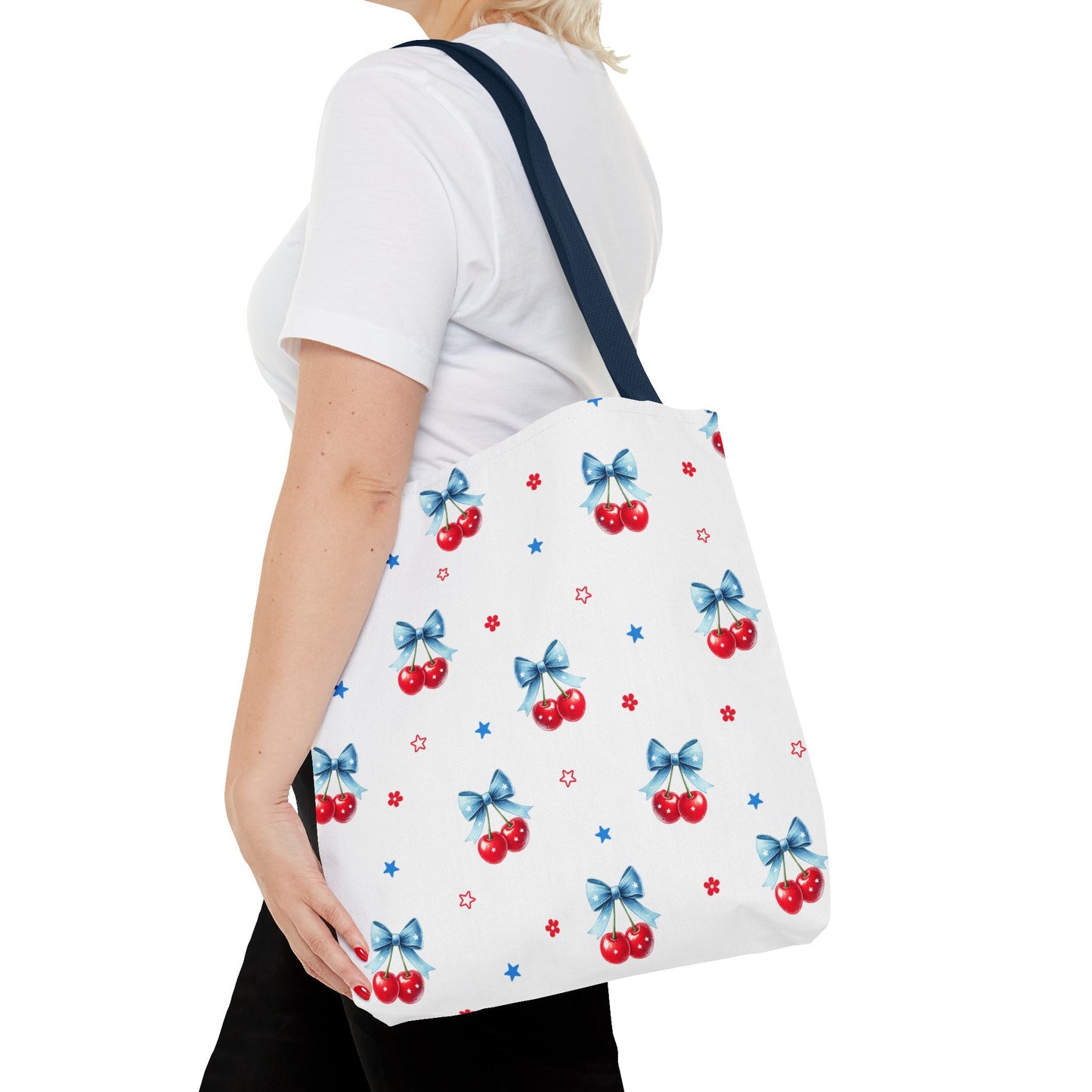 Cherry Bow Tote Bag — Cute Red Cherries with Blue Bows Patterned Shopper
