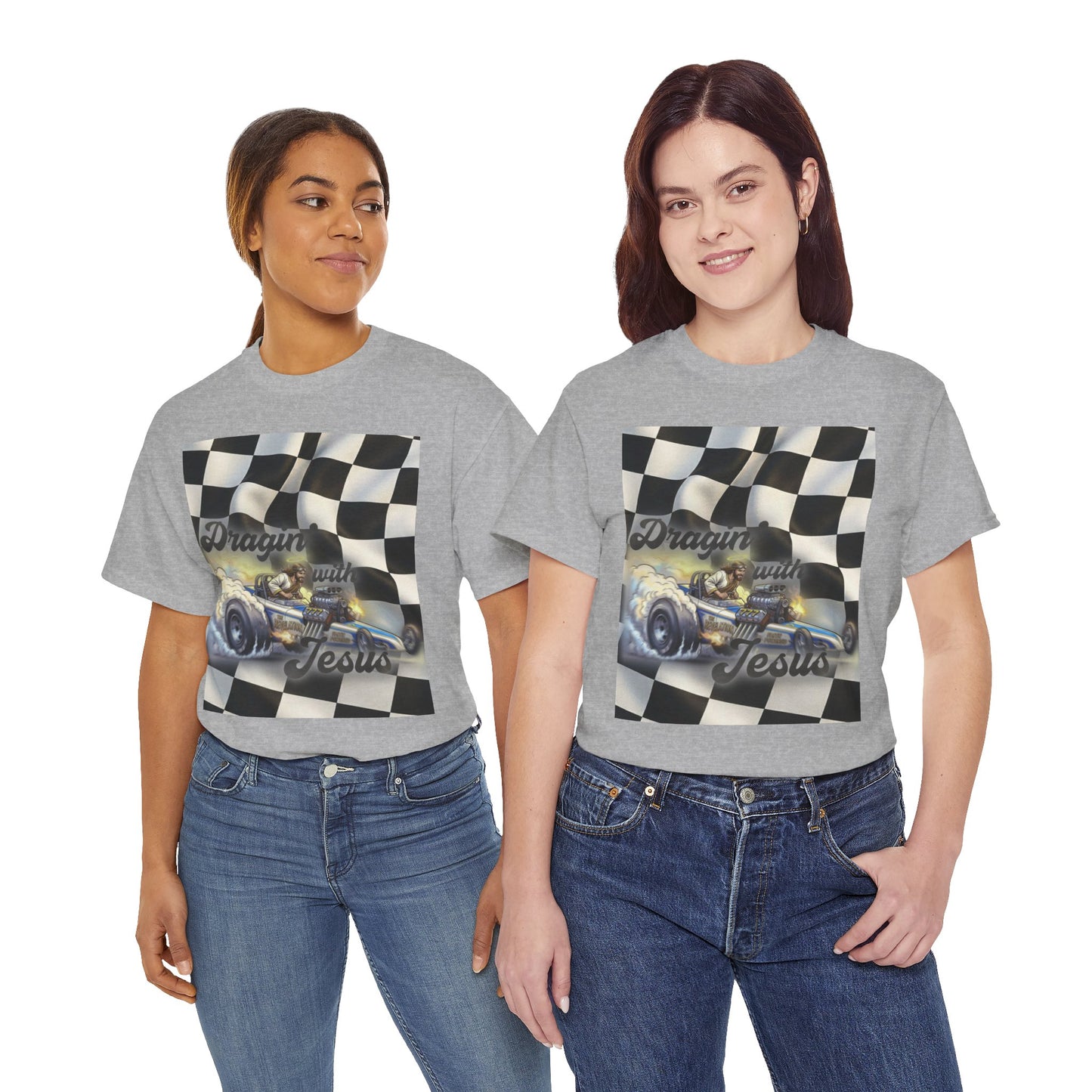 Racing Faith Tee – "Draggin' for Jesus" Checkered Flag Racing T-Shirt