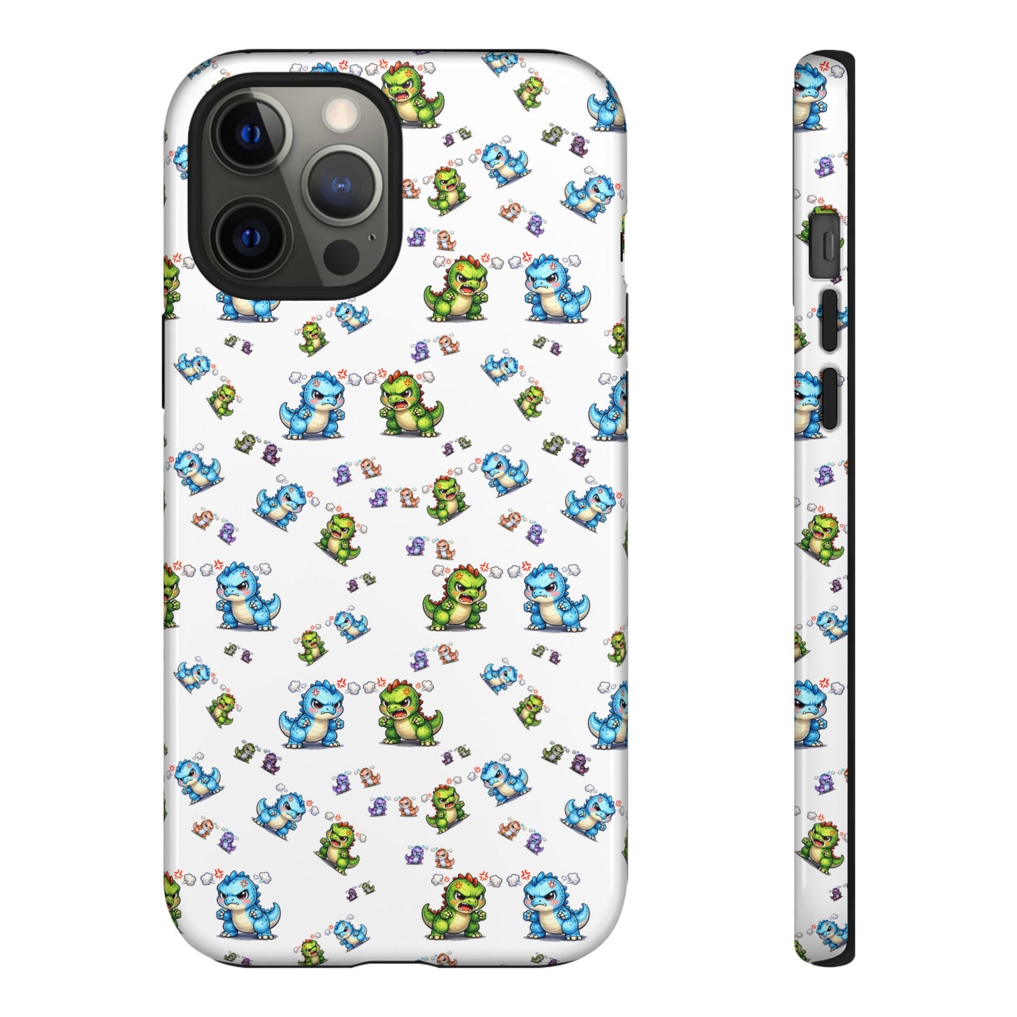 Cute Dino Pattern Phone Case — Cartoon Green & Blue Dino Tough Case, Protective iPhone Cover