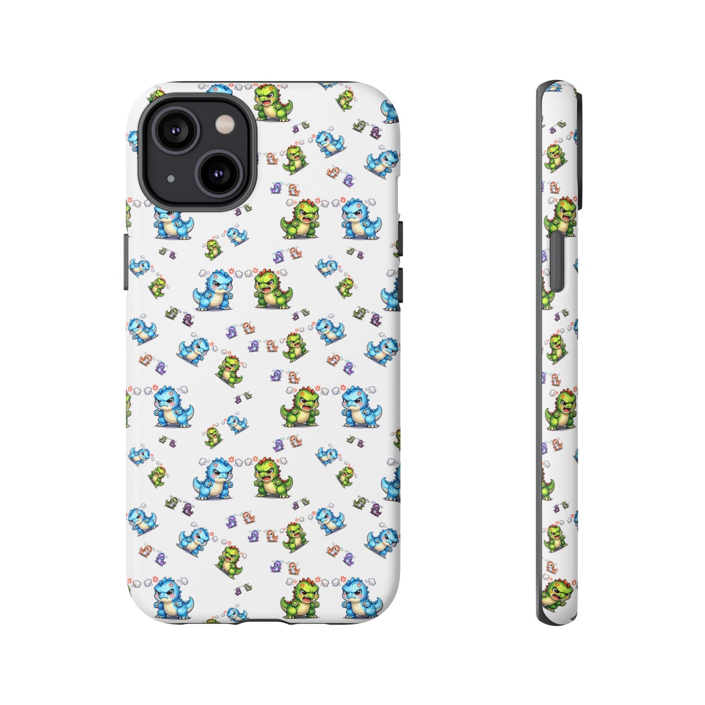 Cute Dino Pattern Phone Case — Cartoon Green & Blue Dino Tough Case, Protective iPhone Cover