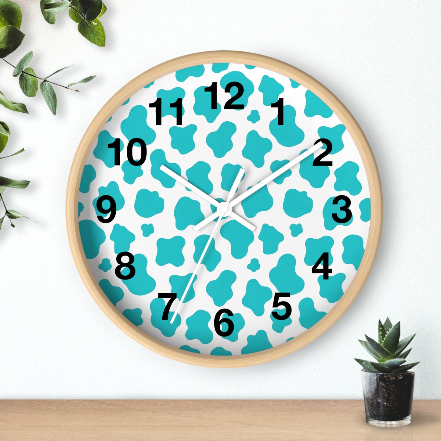 Teal cow Print Wall Clock — Modern Animal-Print Timepiece for Home Decor