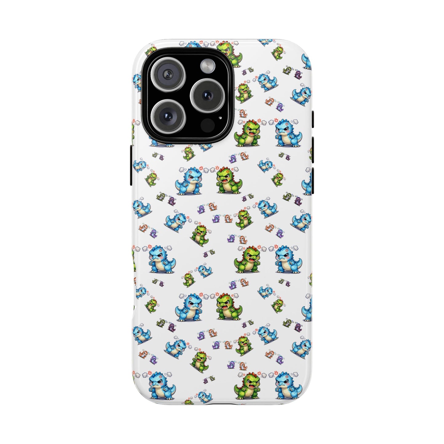 Cute Dino Pattern Phone Case — Cartoon Green & Blue Dino Tough Case, Protective iPhone Cover