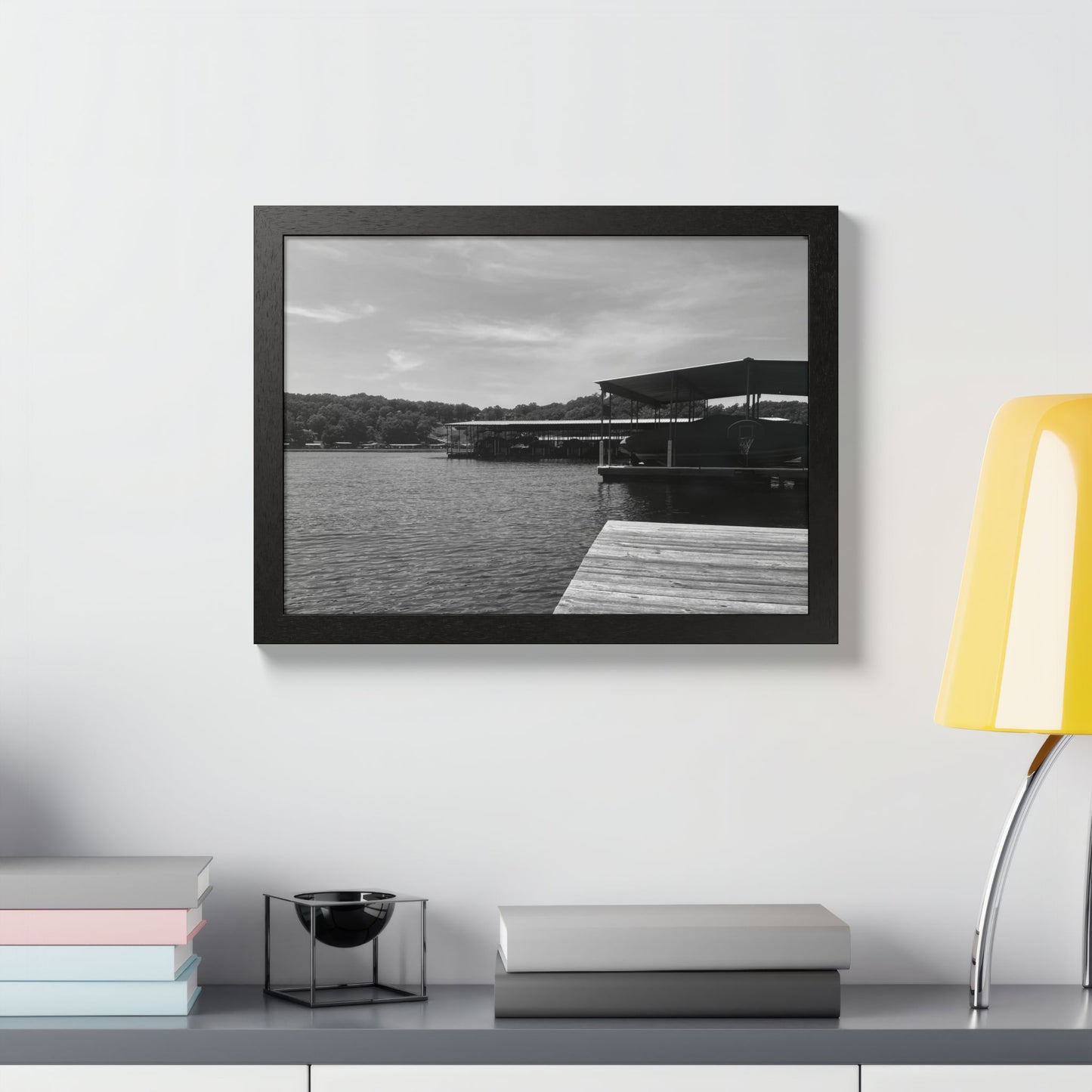 Lake Dock Framed Poster — Black & White Waterfront Wall Art