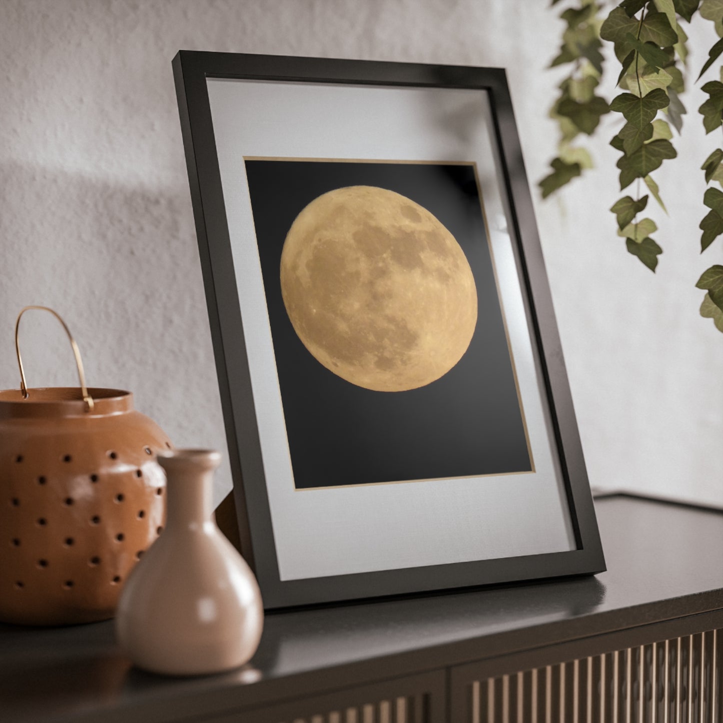 Moon Print Framed Poster — Gold Lunar Art in Black Frame