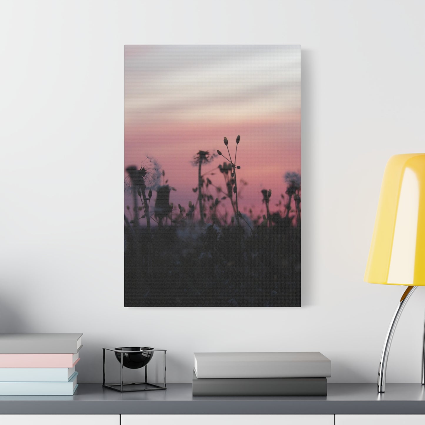 Canvas Wall Art - Silhouetted Wildflowers at Pink Sunset