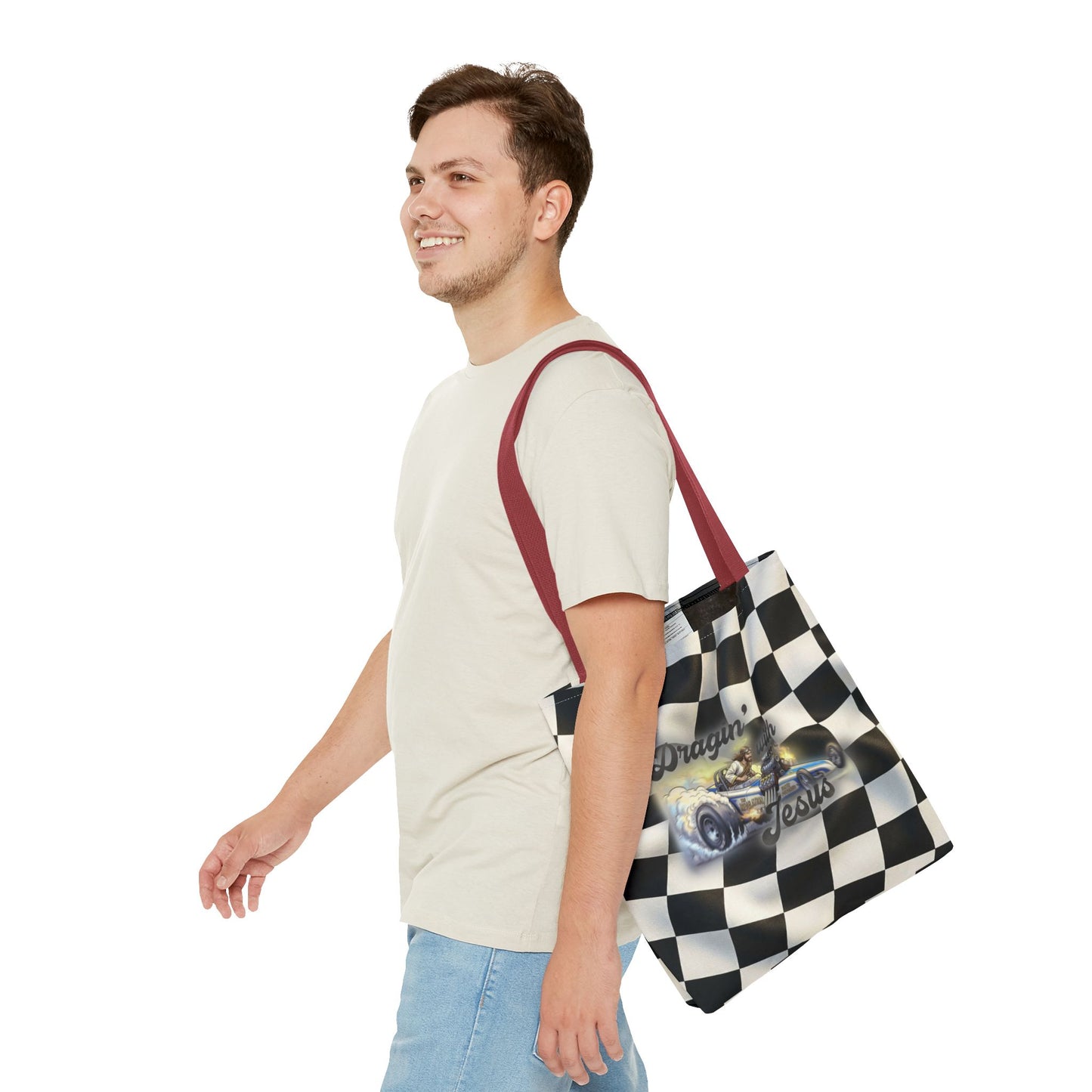 Dragin' Jesus Racing Tote Bag — Checkered Flag Vintage Hot Rod Tote
