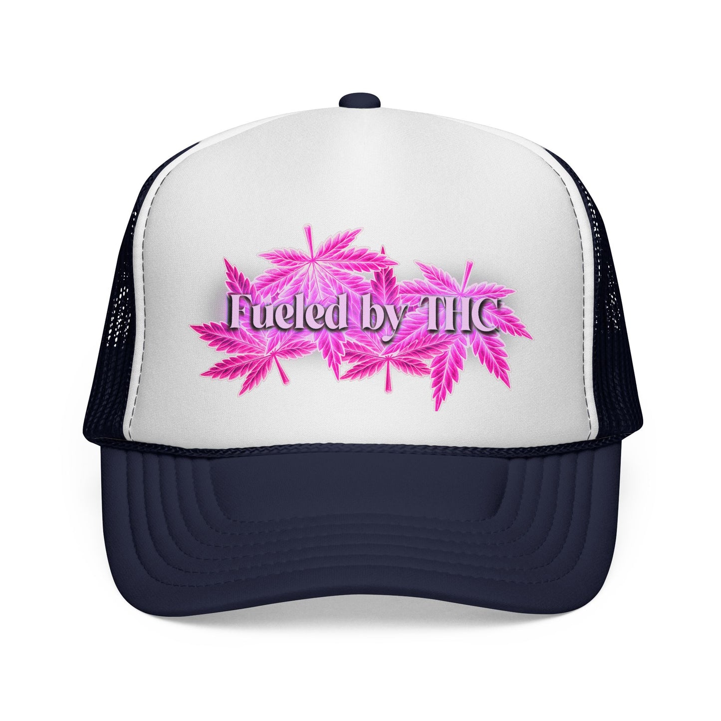 Trucker Cap — 'Fueled by THC' Pink Cannabis Leaf Mesh Hat