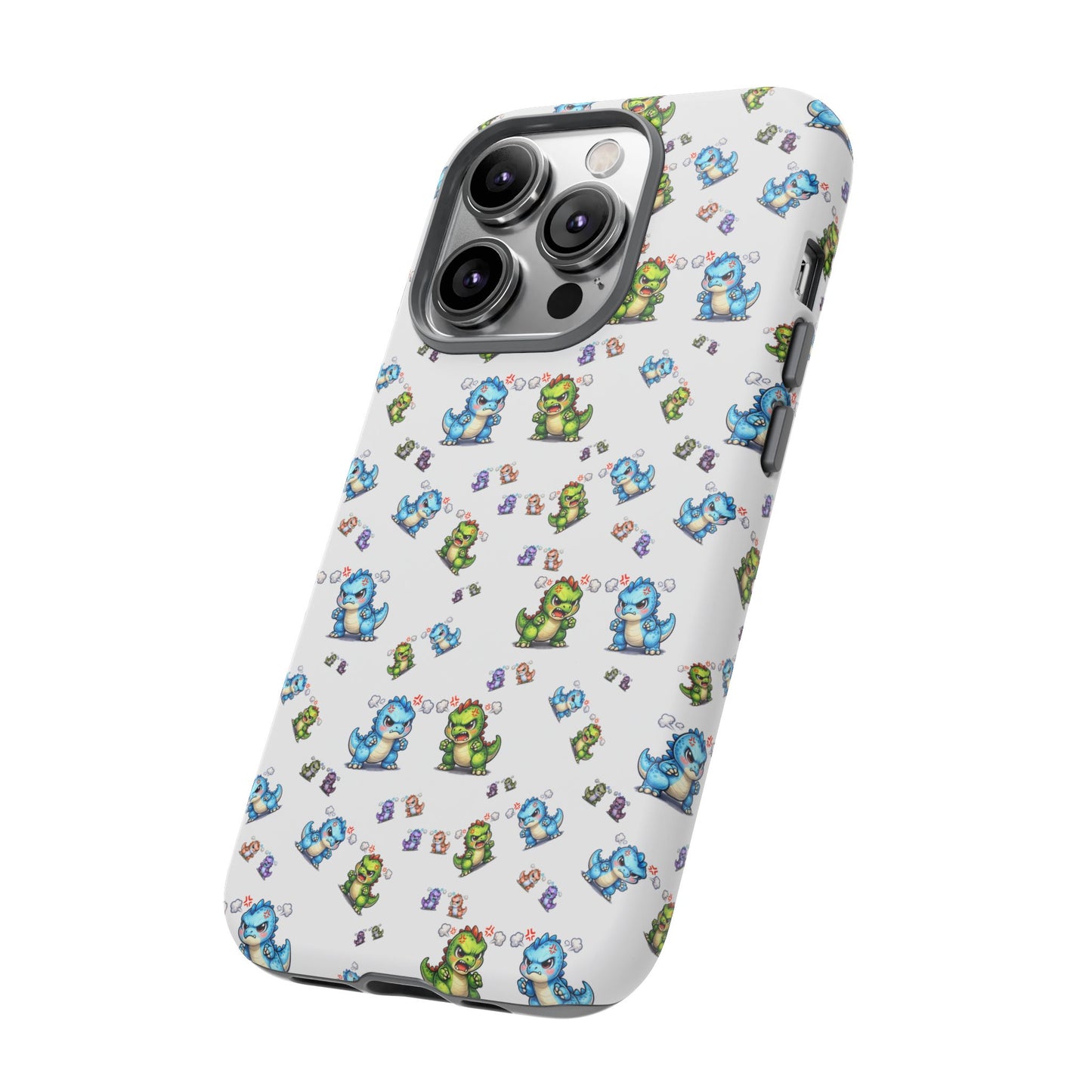 Cute Dino Pattern Phone Case — Cartoon Green & Blue Dino Tough Case, Protective iPhone Cover