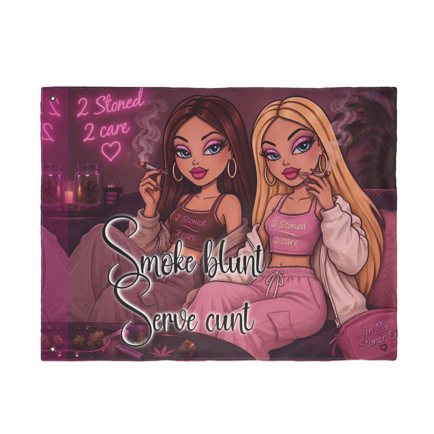 Double-Sided Flag - 'Smoke blunt Serve cunt' Pink Stoner Girl Decorative Garden Banner