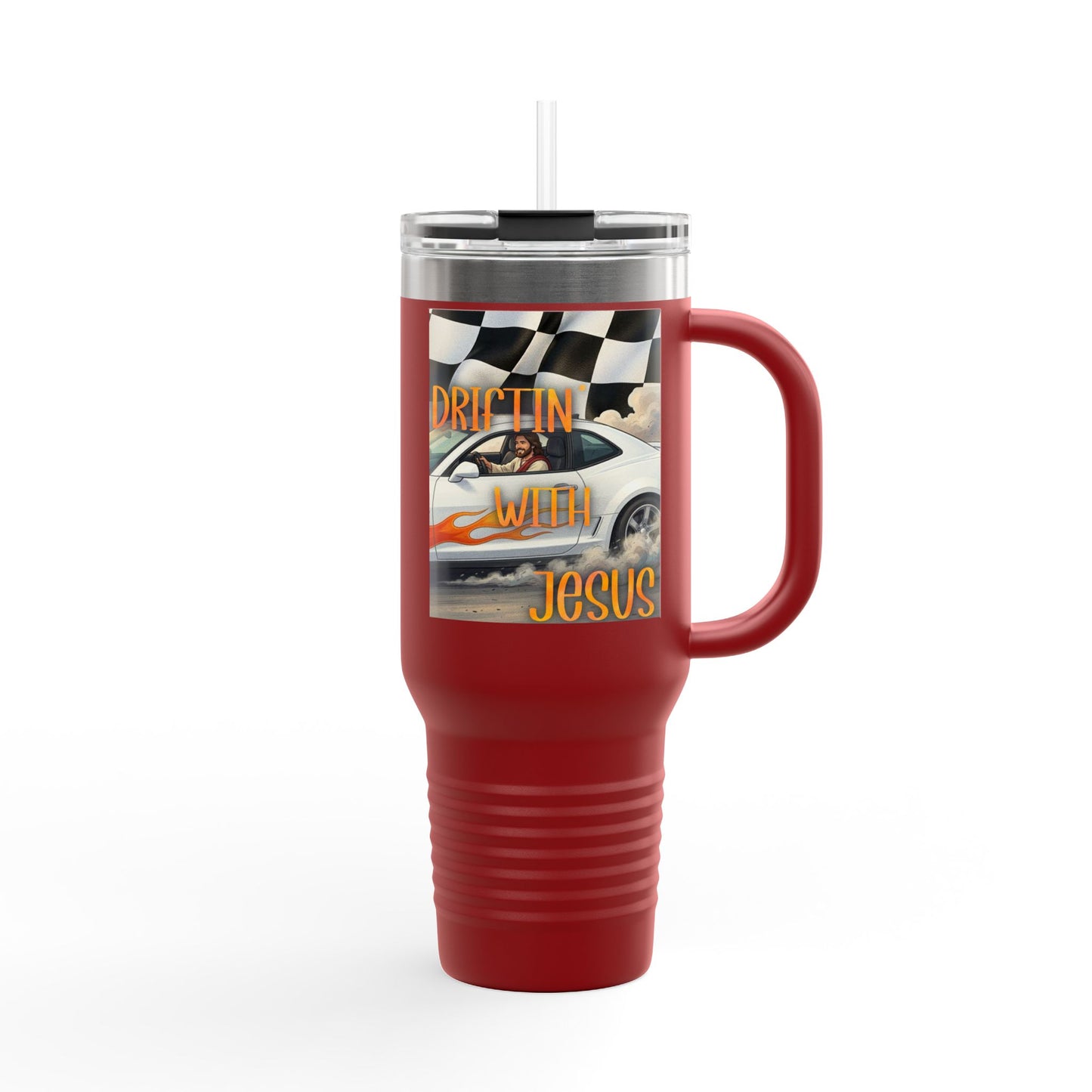 40oz Insulated Travel Mug — Vintage Race Car on Checkered Flag