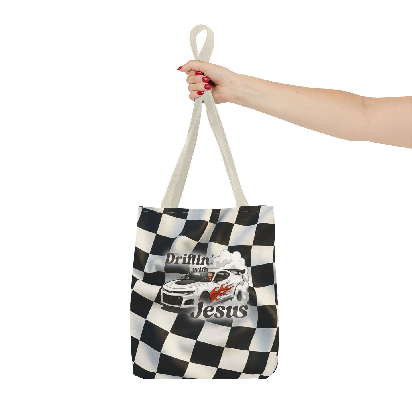 Driftin' with Jesus Racing Tote Bag - Checkered Flag Christian Car Gift