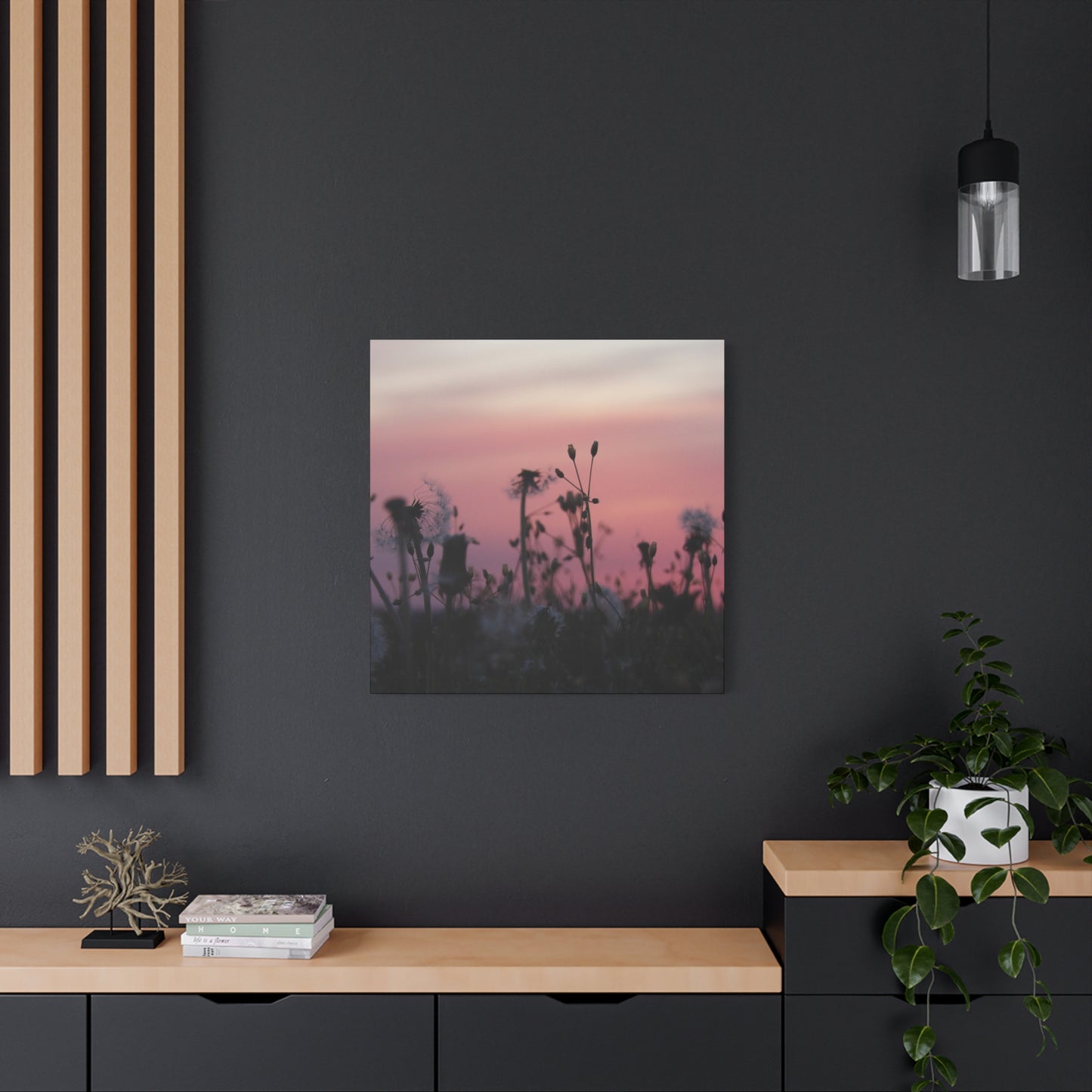 Canvas Wall Art - Silhouetted Wildflowers at Pink Sunset