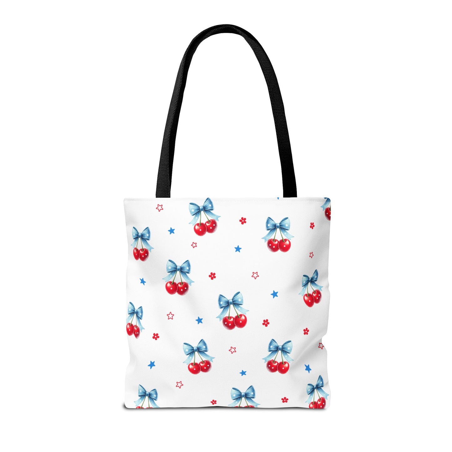 Cherry Bow Tote Bag — Cute Red Cherries with Blue Bows Patterned Shopper