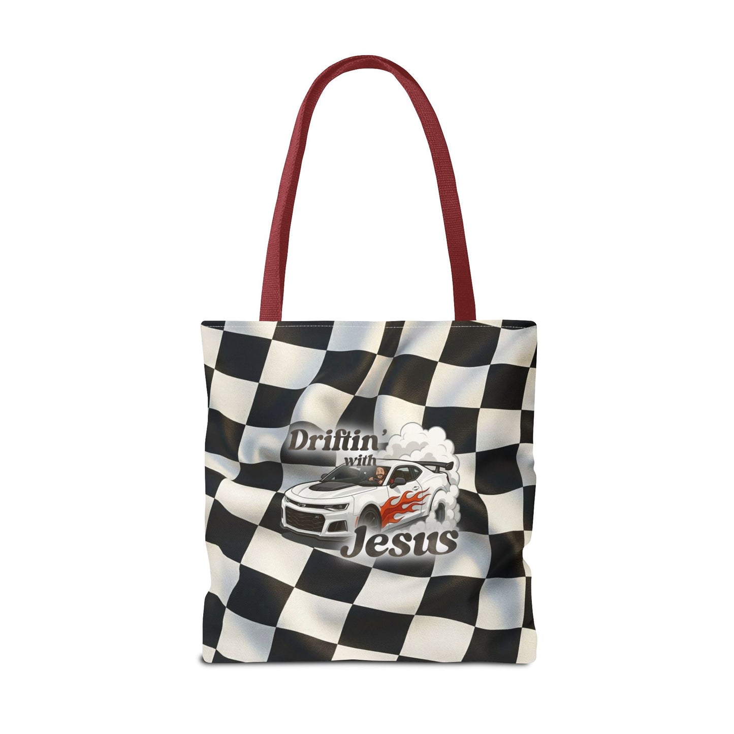 Driftin' with Jesus Racing Tote Bag - Checkered Flag Christian Car Gift