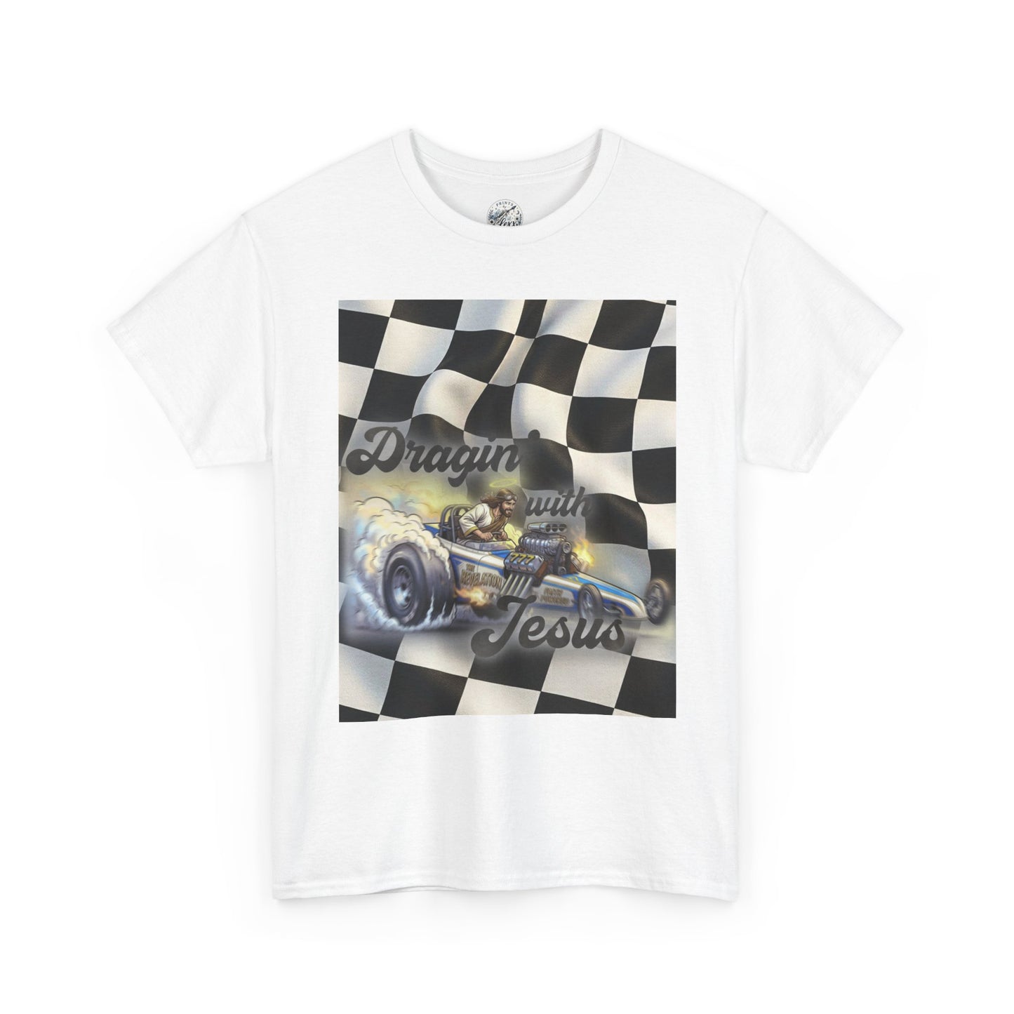 Racing Faith Tee – "Draggin' for Jesus" Checkered Flag Racing T-Shirt