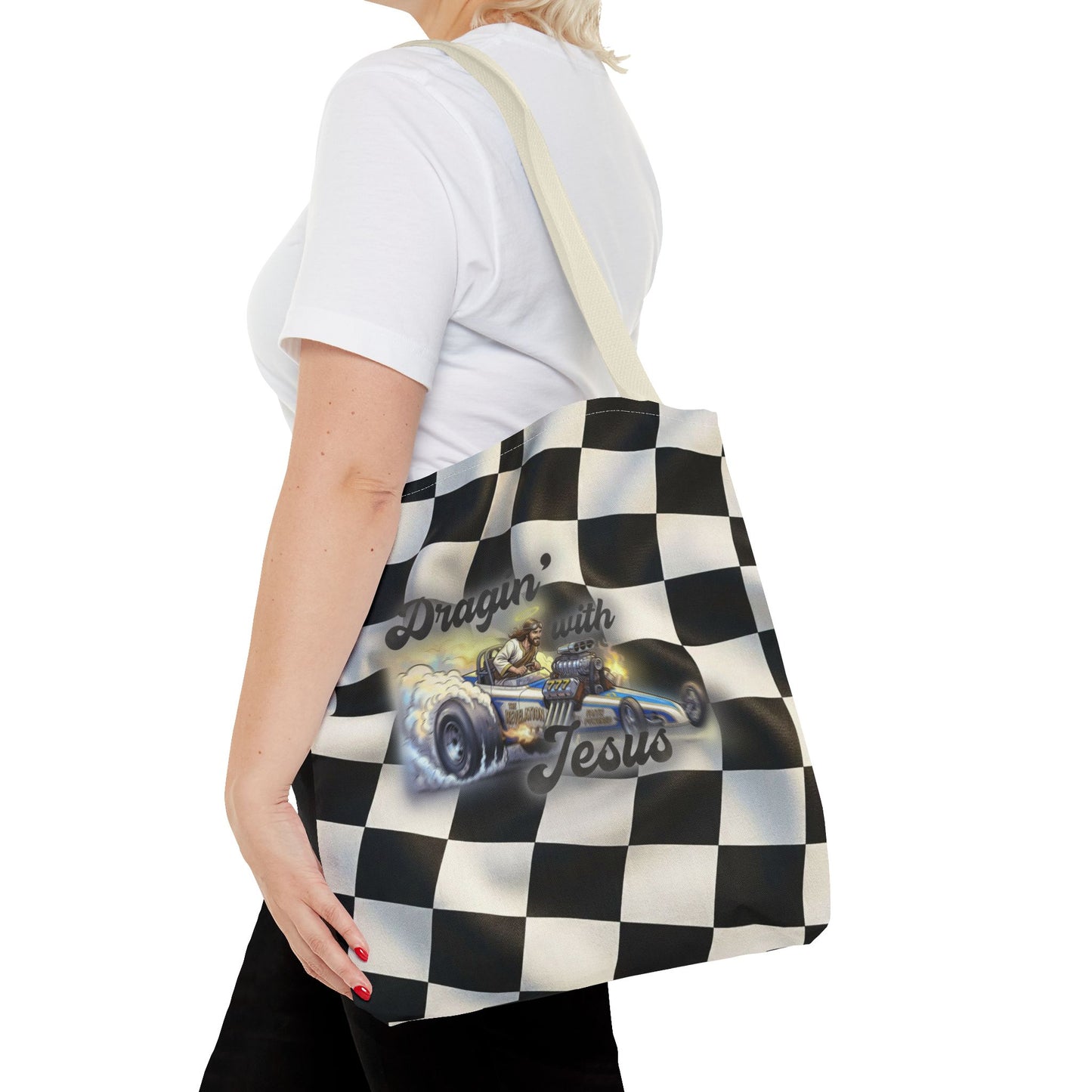 Dragin' Jesus Racing Tote Bag — Checkered Flag Vintage Hot Rod Tote
