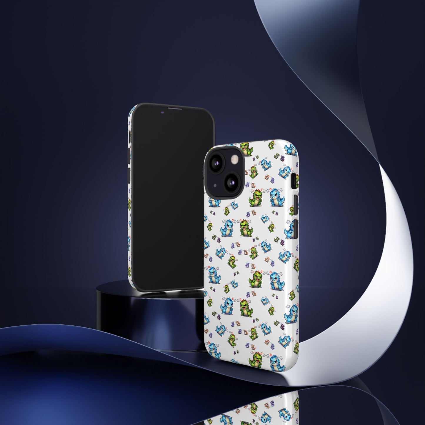 Cute Dino Pattern Phone Case — Cartoon Green & Blue Dino Tough Case, Protective iPhone Cover