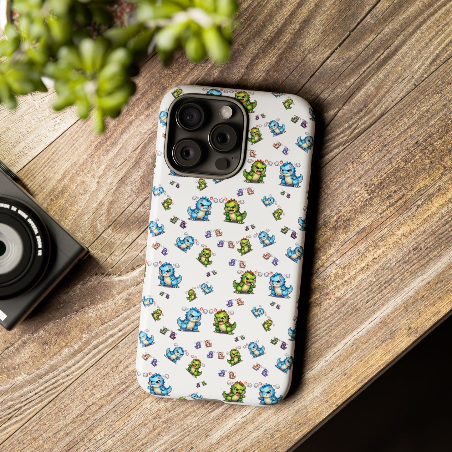 Cute Dino Pattern Phone Case — Cartoon Green & Blue Dino Tough Case, Protective iPhone Cover