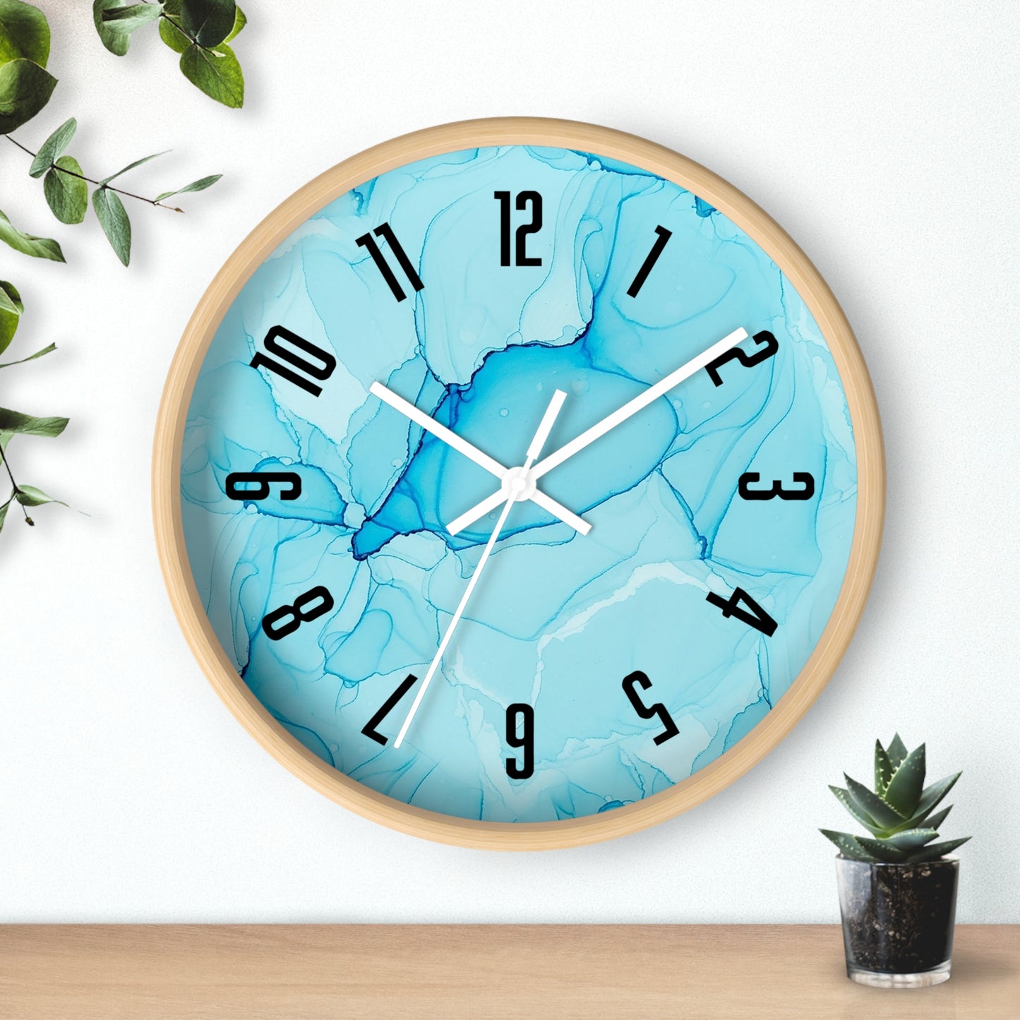 Blue Marble Wall Clock — Abstract Aqua Alcohol Ink Home Decor Clock