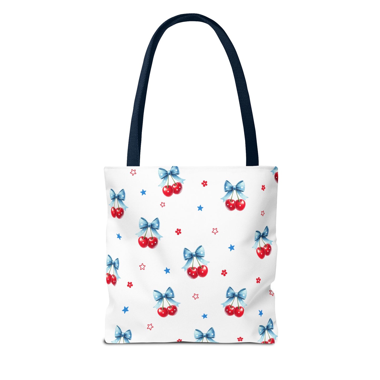 Cherry Bow Tote Bag — Cute Red Cherries with Blue Bows Patterned Shopper