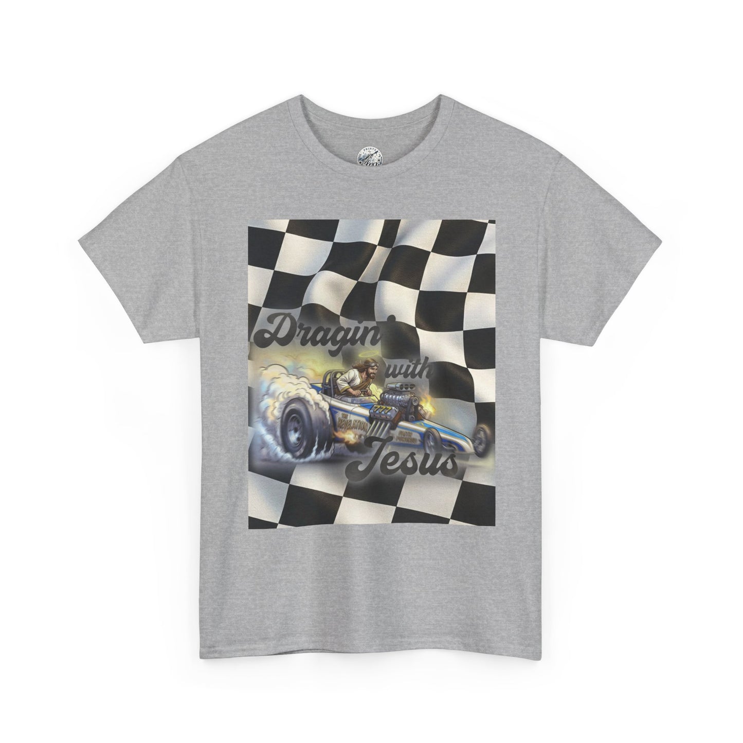 Racing Faith Tee – "Draggin' for Jesus" Checkered Flag Racing T-Shirt