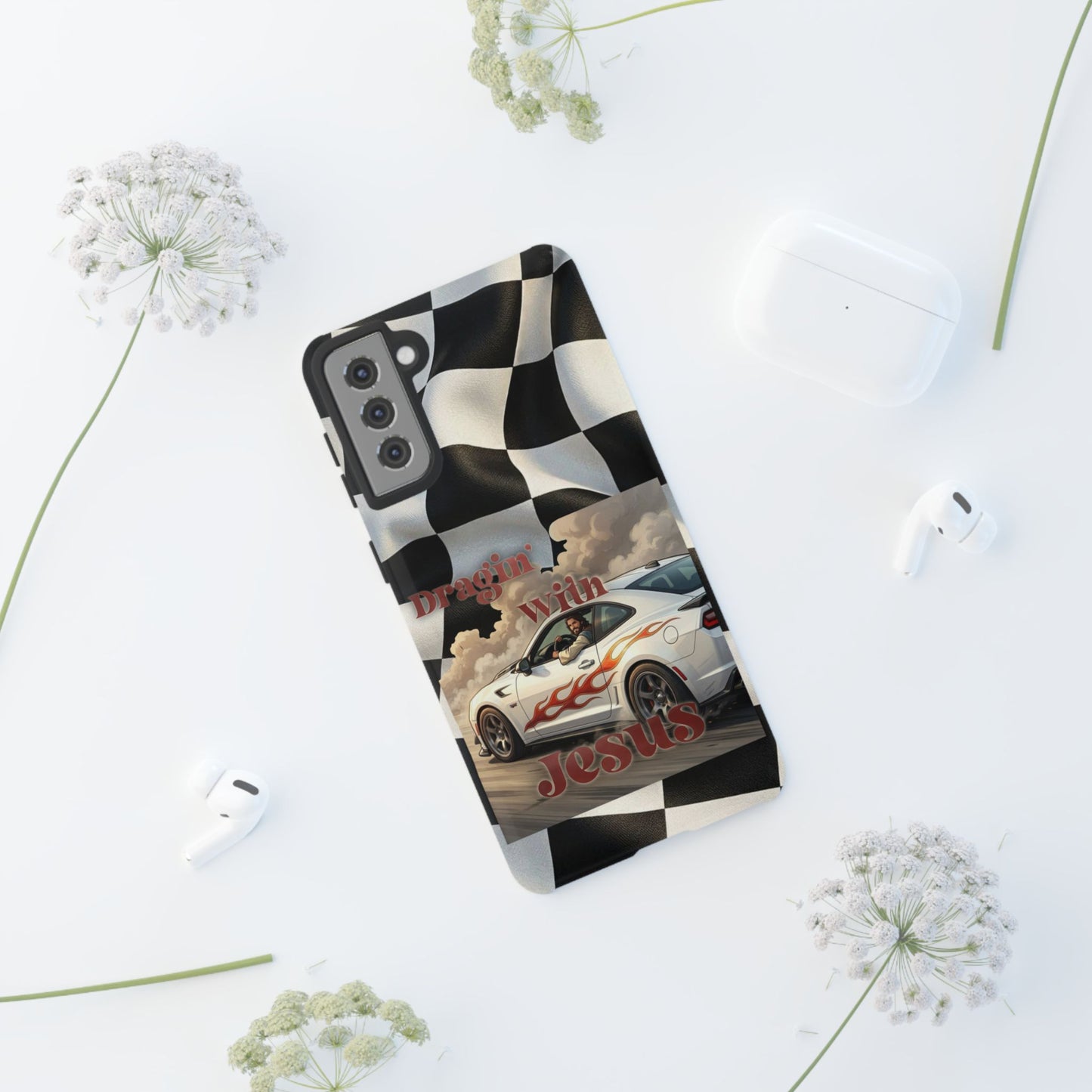 Phone Case — "Dragin' With Jesus" Racing Checkered flag - Samsung / Google phones
