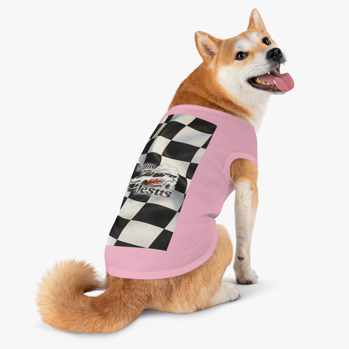 Pet Tank Top — "Driftin' with Jesus" Racing Flag Dog Shirt