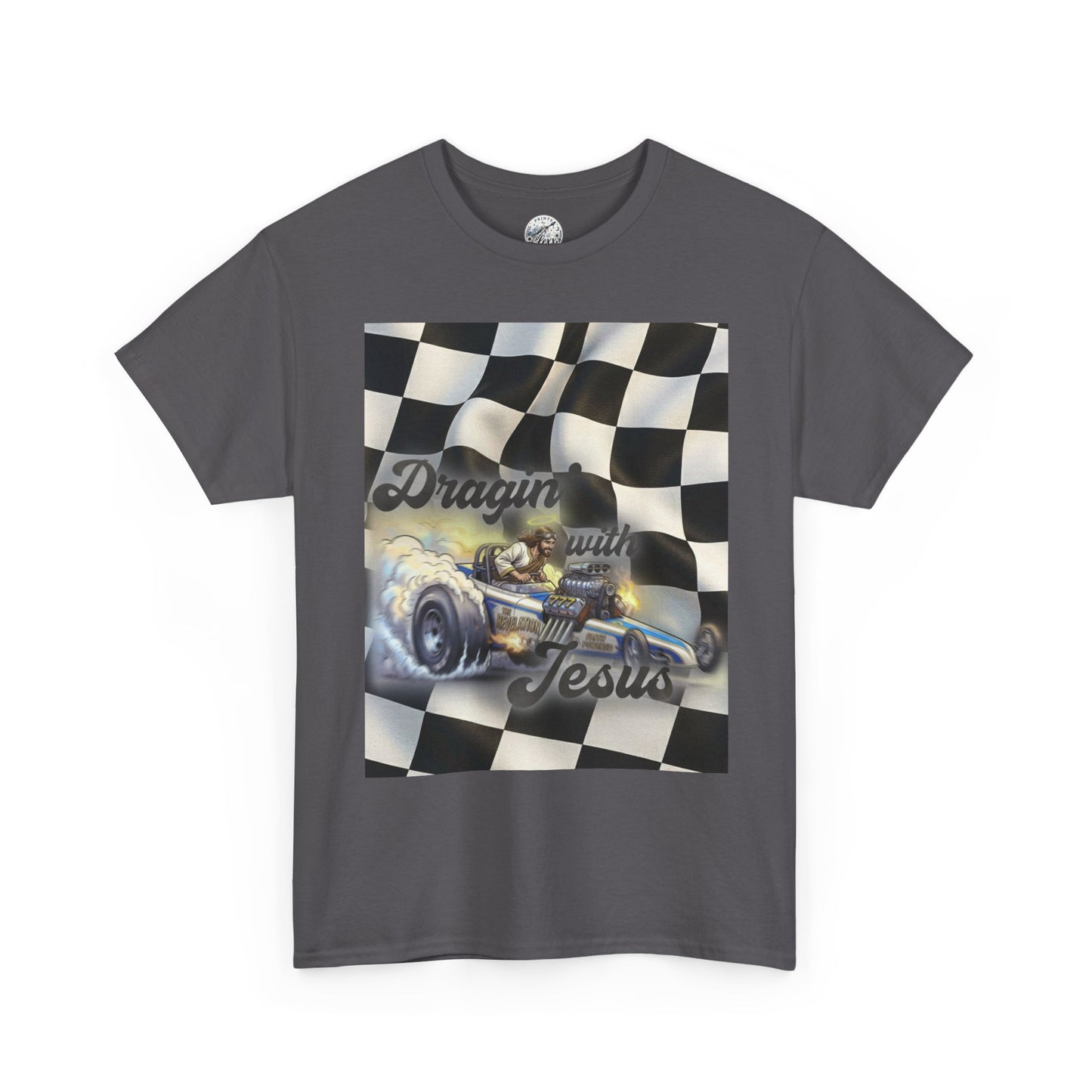 Racing Faith Tee – "Draggin' for Jesus" Checkered Flag Racing T-Shirt