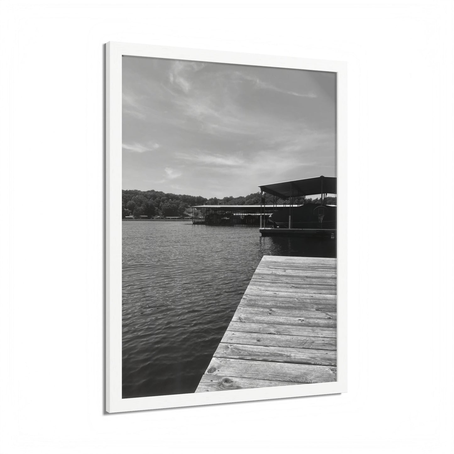 Lake Dock Framed Poster — Black & White Waterfront Wall Art