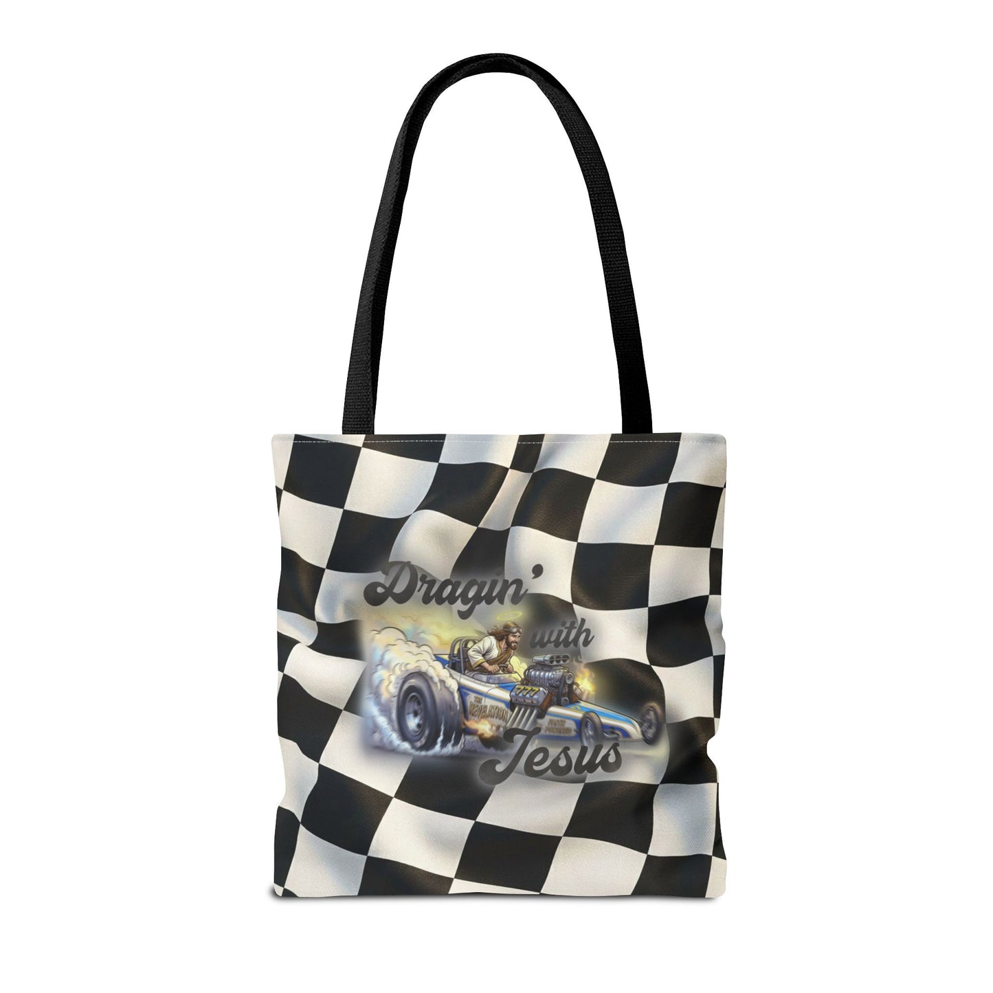 Dragin' Jesus Racing Tote Bag — Checkered Flag Vintage Hot Rod Tote