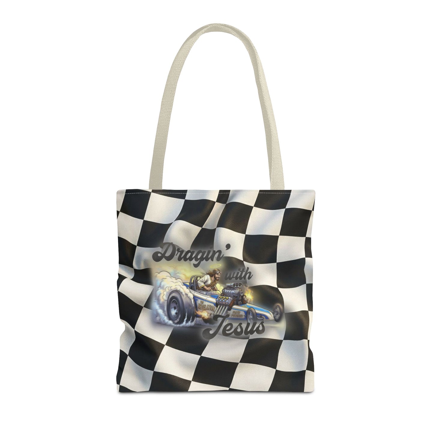 Dragin' Jesus Racing Tote Bag — Checkered Flag Vintage Hot Rod Tote