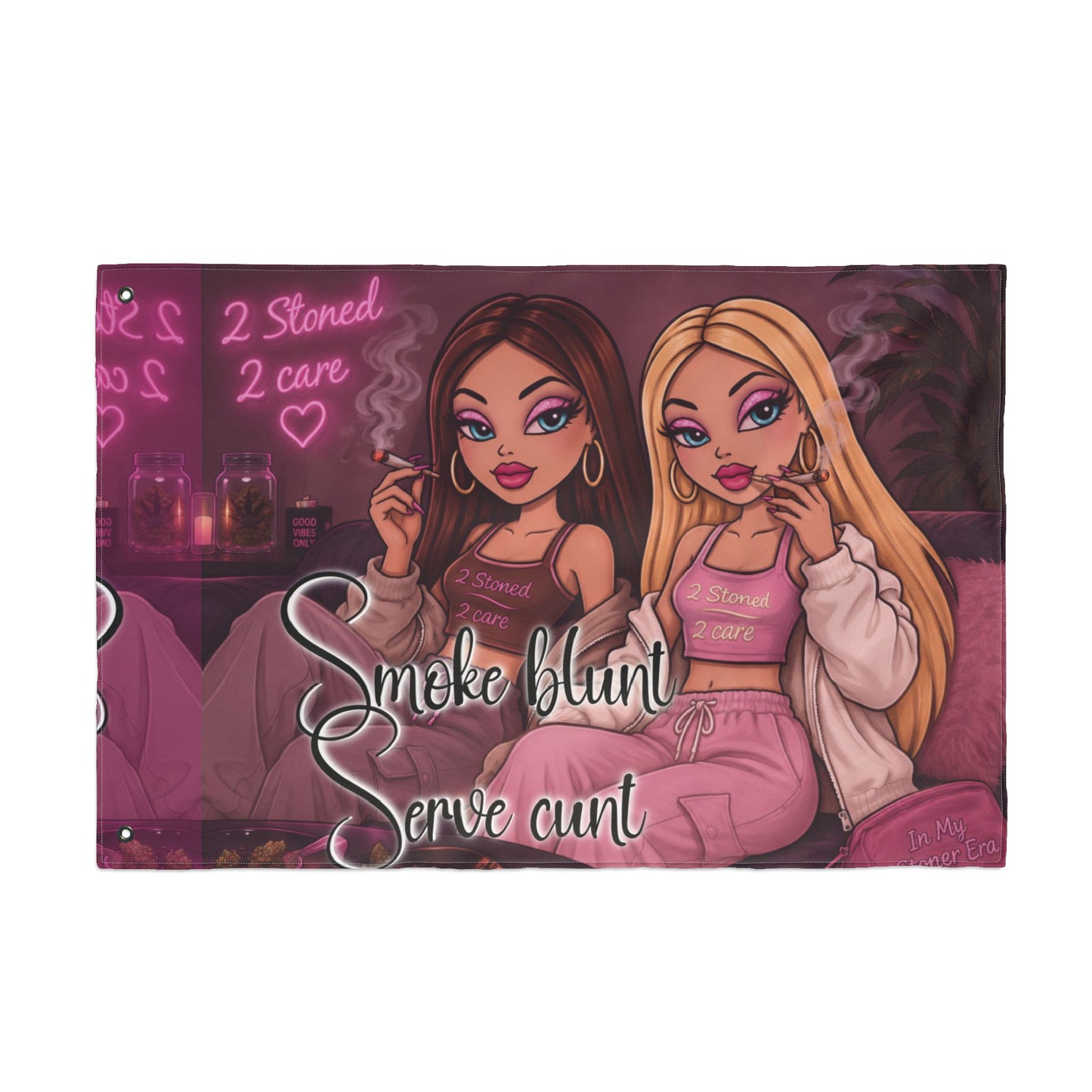 Double-Sided Flag - 'Smoke blunt Serve cunt' Pink Stoner Girl Decorative Garden Banner