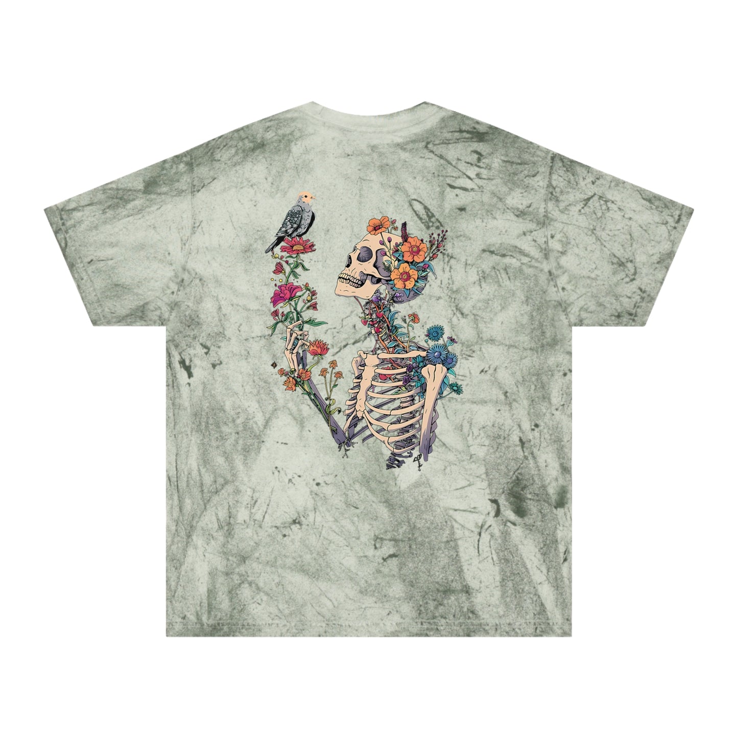 Floral Skeleton Graphic T-Shirt – Color Blast Skull & Bird Design