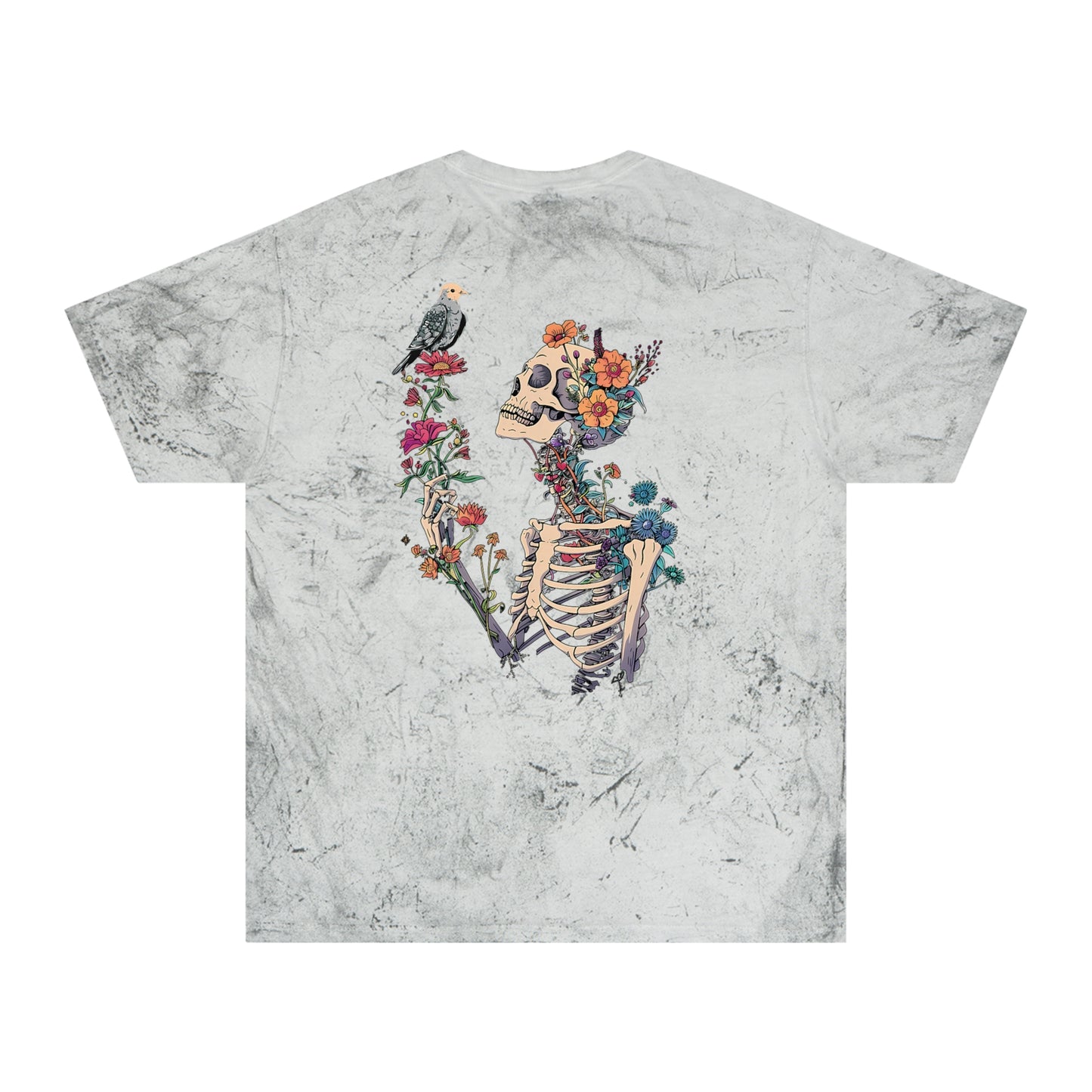 Floral Skeleton Graphic T-Shirt – Color Blast Skull & Bird Design