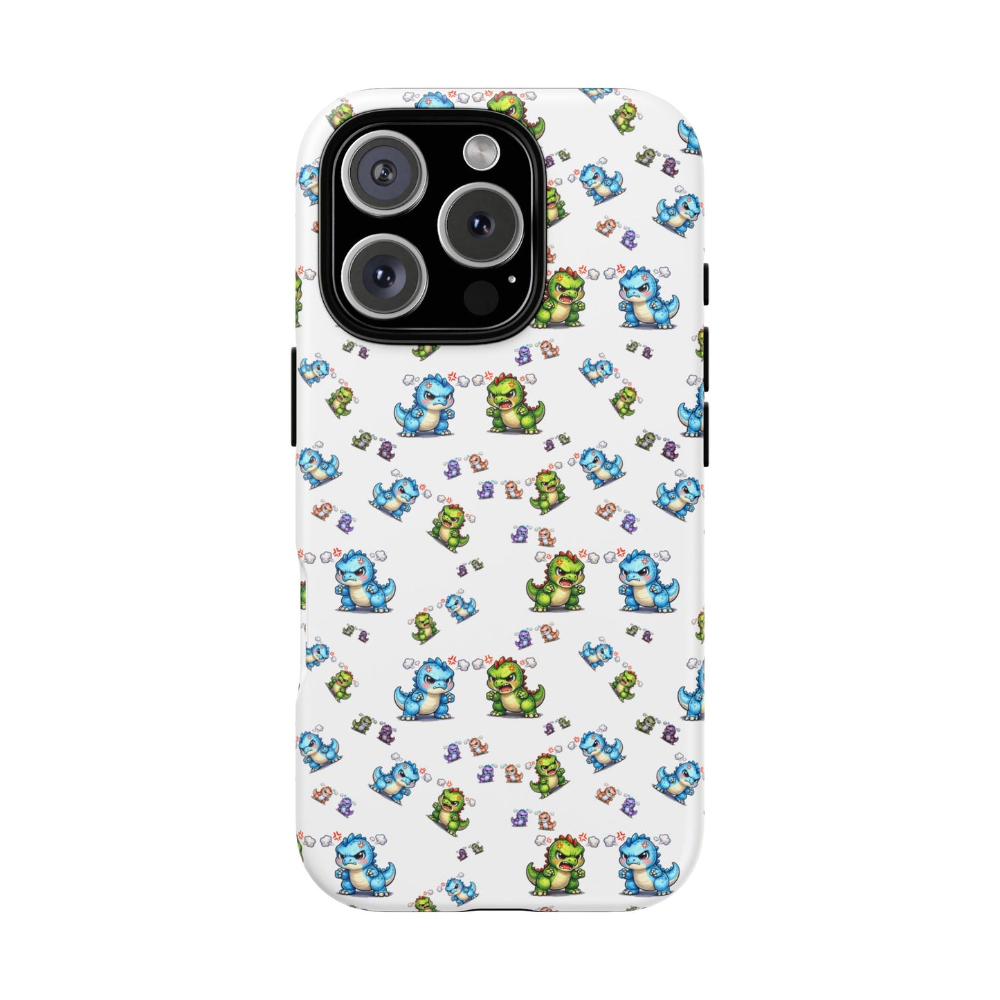 Cute Dino Pattern Phone Case — Cartoon Green & Blue Dino Tough Case, Protective iPhone Cover