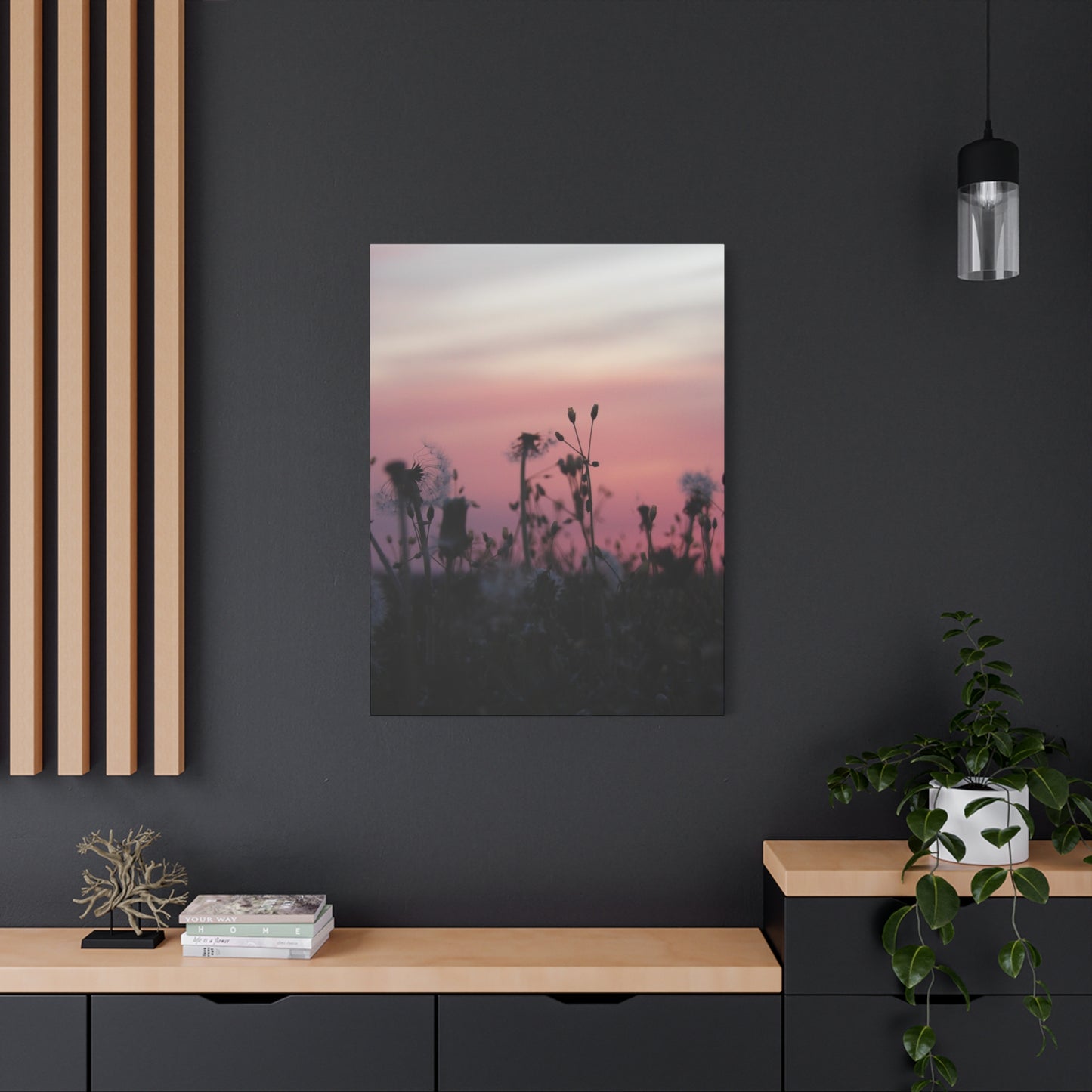 Canvas Wall Art - Silhouetted Wildflowers at Pink Sunset