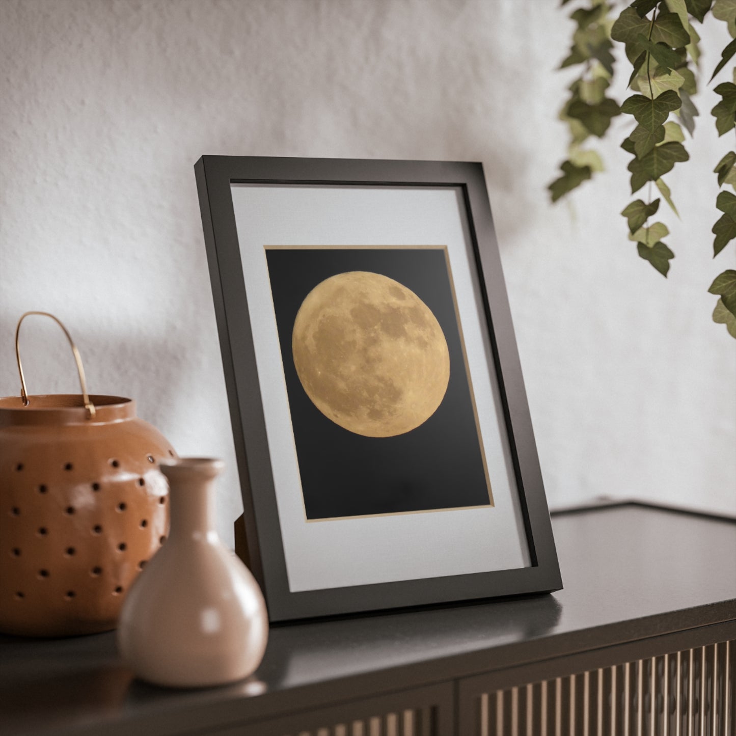 Moon Print Framed Poster — Gold Lunar Art in Black Frame