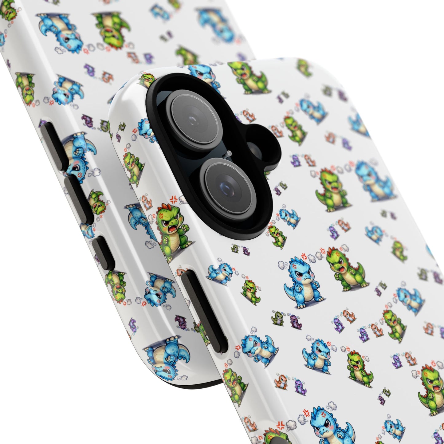 Cute Dino Pattern Phone Case — Cartoon Green & Blue Dino Tough Case, Protective iPhone Cover
