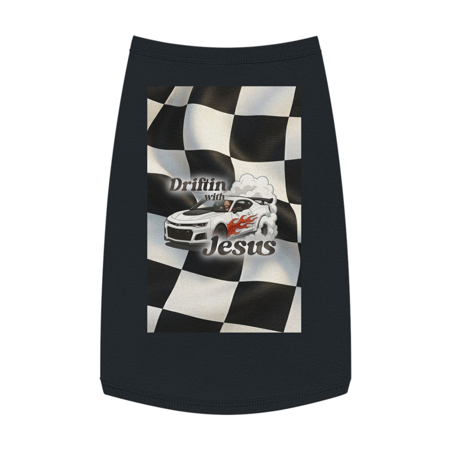 Pet Tank Top — "Driftin' with Jesus" Racing Flag Dog Shirt
