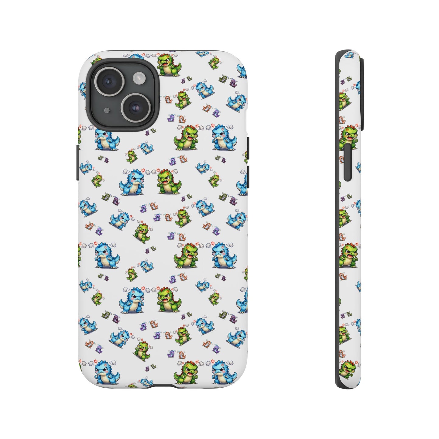 Cute Dino Pattern Phone Case — Cartoon Green & Blue Dino Tough Case, Protective iPhone Cover