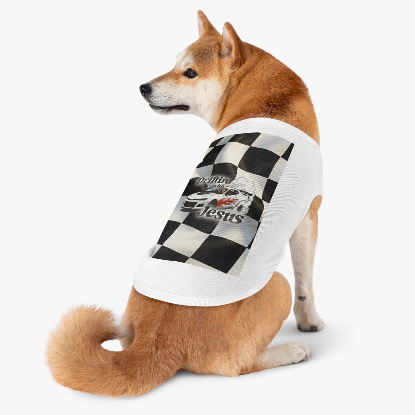 Pet Tank Top — "Driftin' with Jesus" Racing Flag Dog Shirt