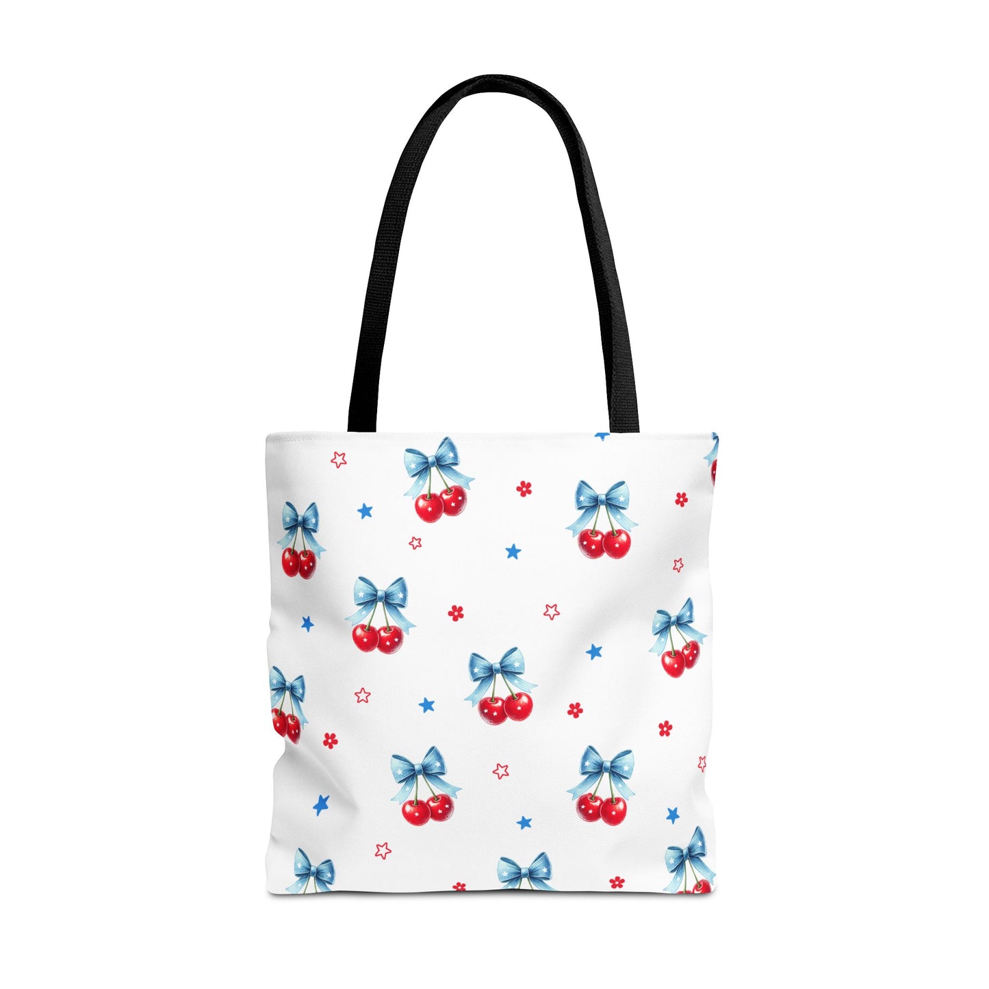 Cherry Bow Tote Bag — Cute Red Cherries with Blue Bows Patterned Shopper