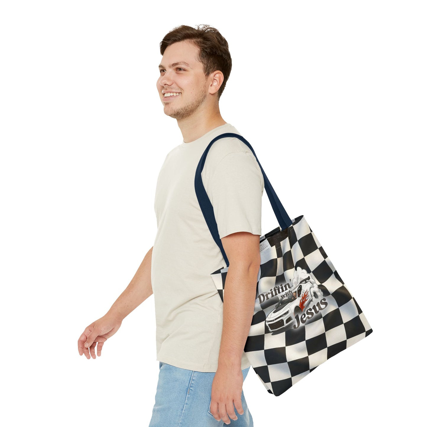 Driftin' with Jesus Racing Tote Bag - Checkered Flag Christian Car Gift