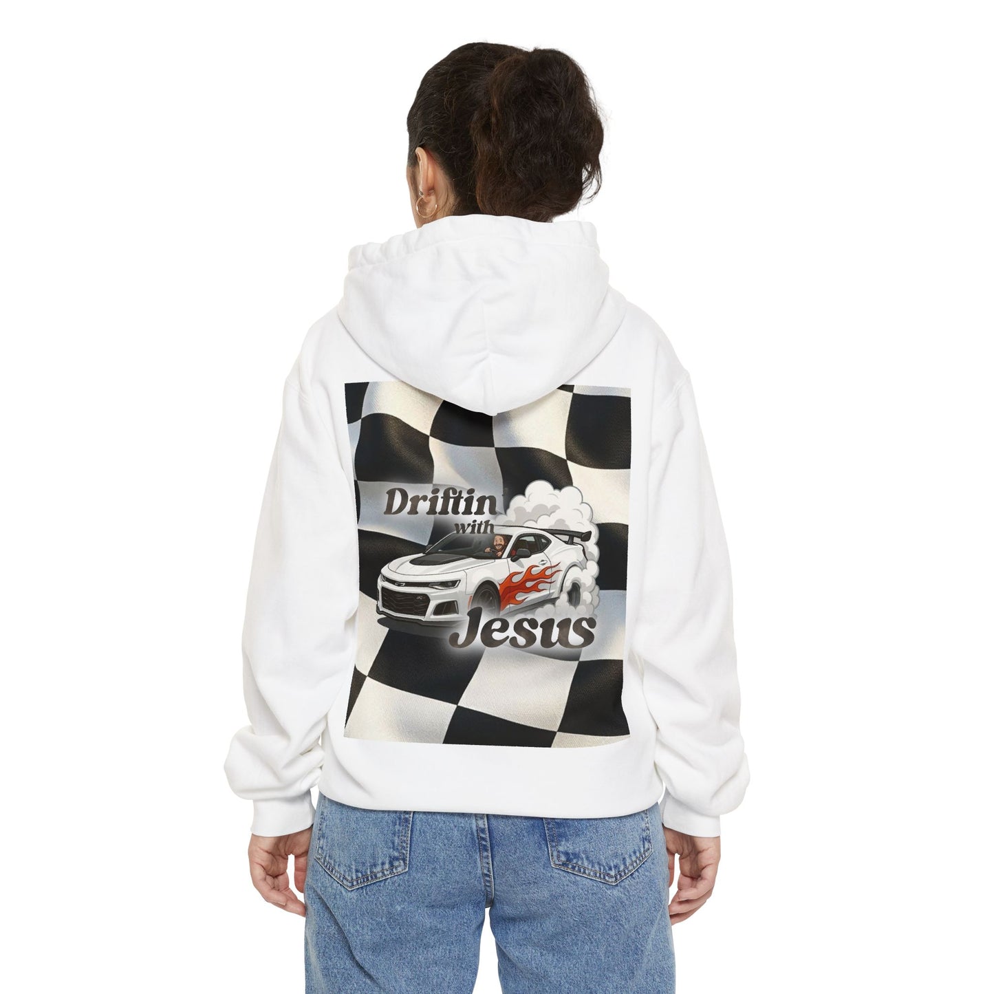 Classic Car Hoodie — Small Chest Graphic “drifting with jesus" Pullover