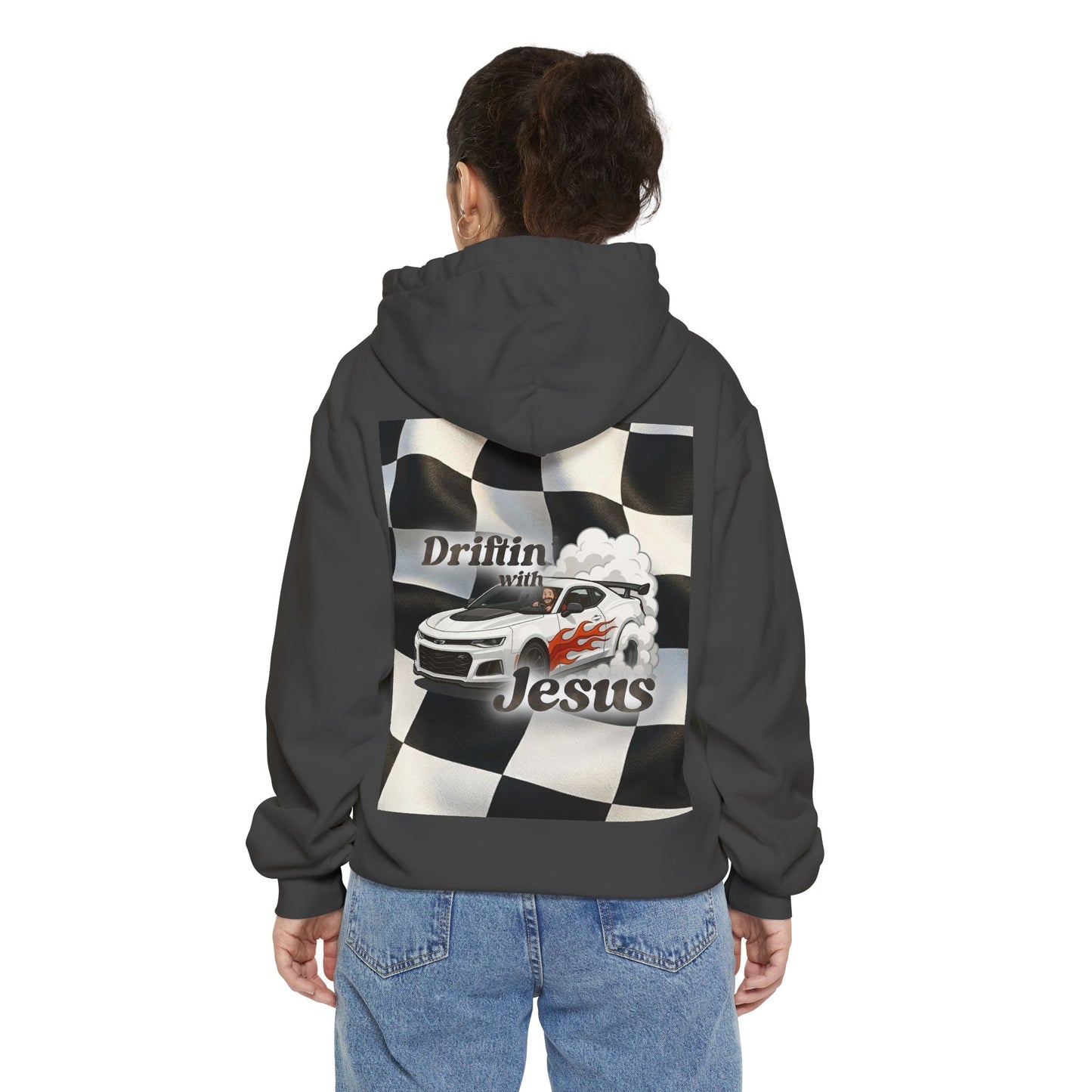 Classic Car Hoodie — Small Chest Graphic “drifting with jesus" Pullover