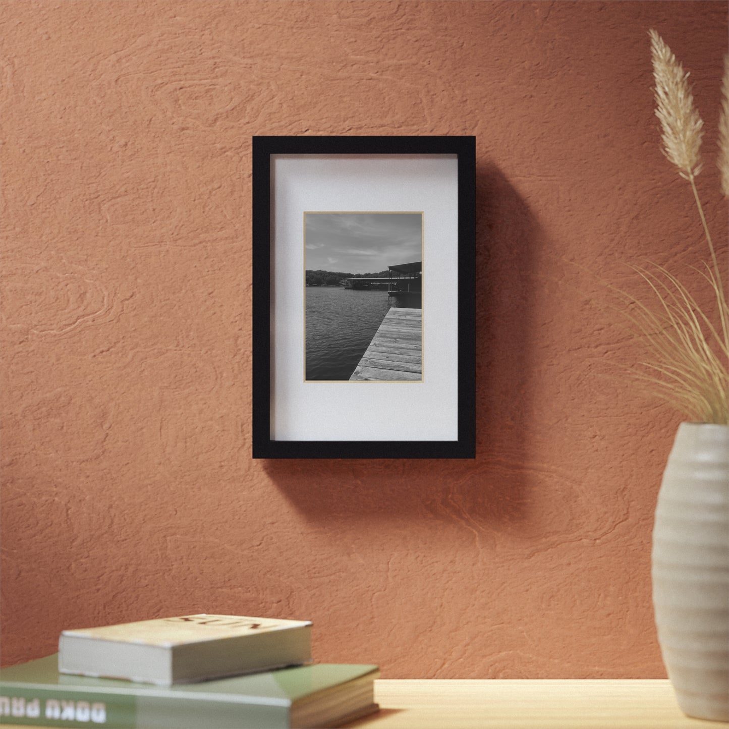 Black Framed Lake Dock Poster — Minimalist Monochrome Wall Art